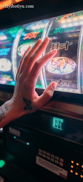 A hand with tattoos reaches towards a brightly lit slot machine, featuring various colorful symbols including a tiger. The image captures the moment of anticipation as the person engages with the machine during a game of chance.